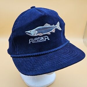 Vintage Alaska Salmon Navy Blue Corduroy Snapback Cap Rope Hat Cap Headliners